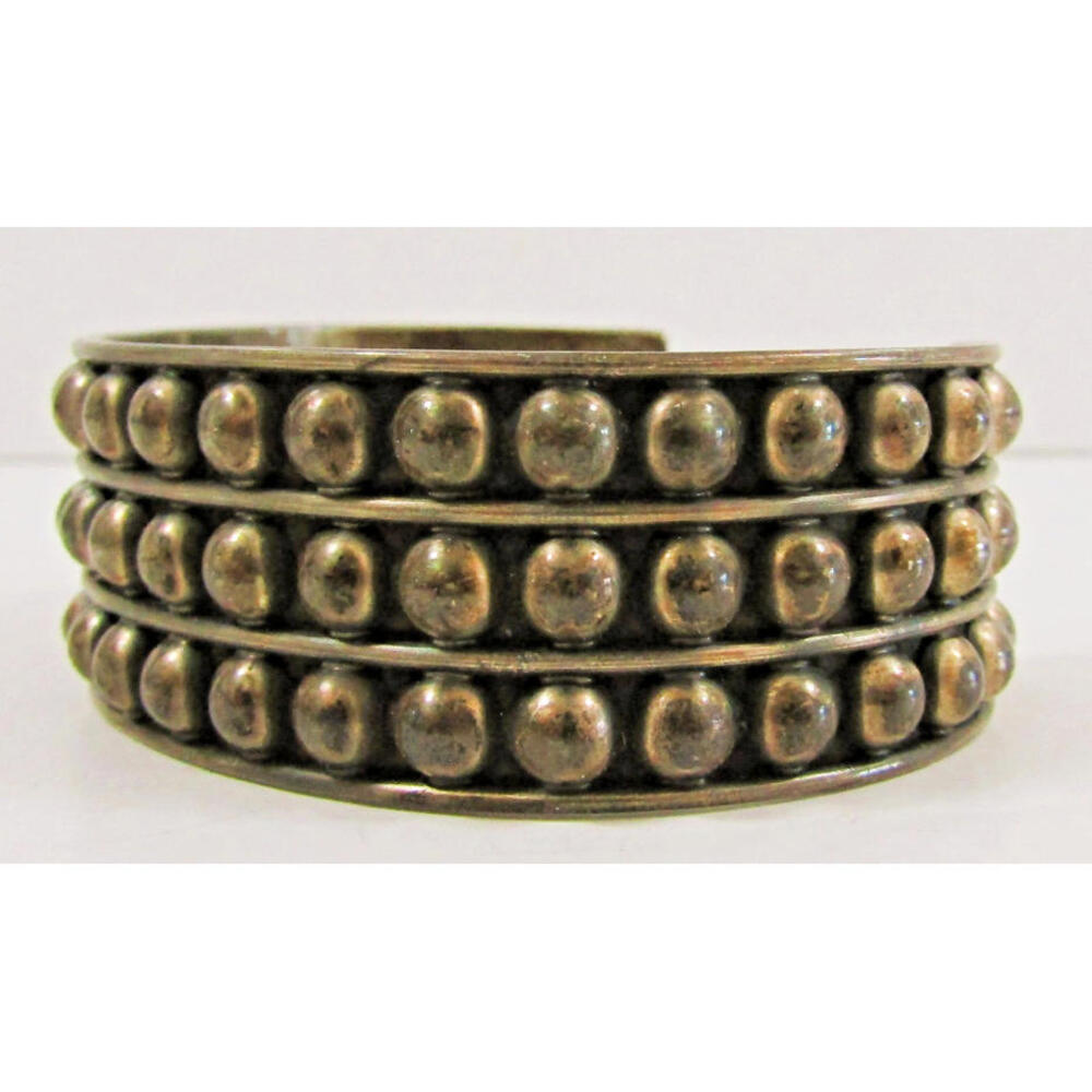 Vintage Taxco Sterling Silver Studded Three Row Bead Bracelet - Picture 2 of 8